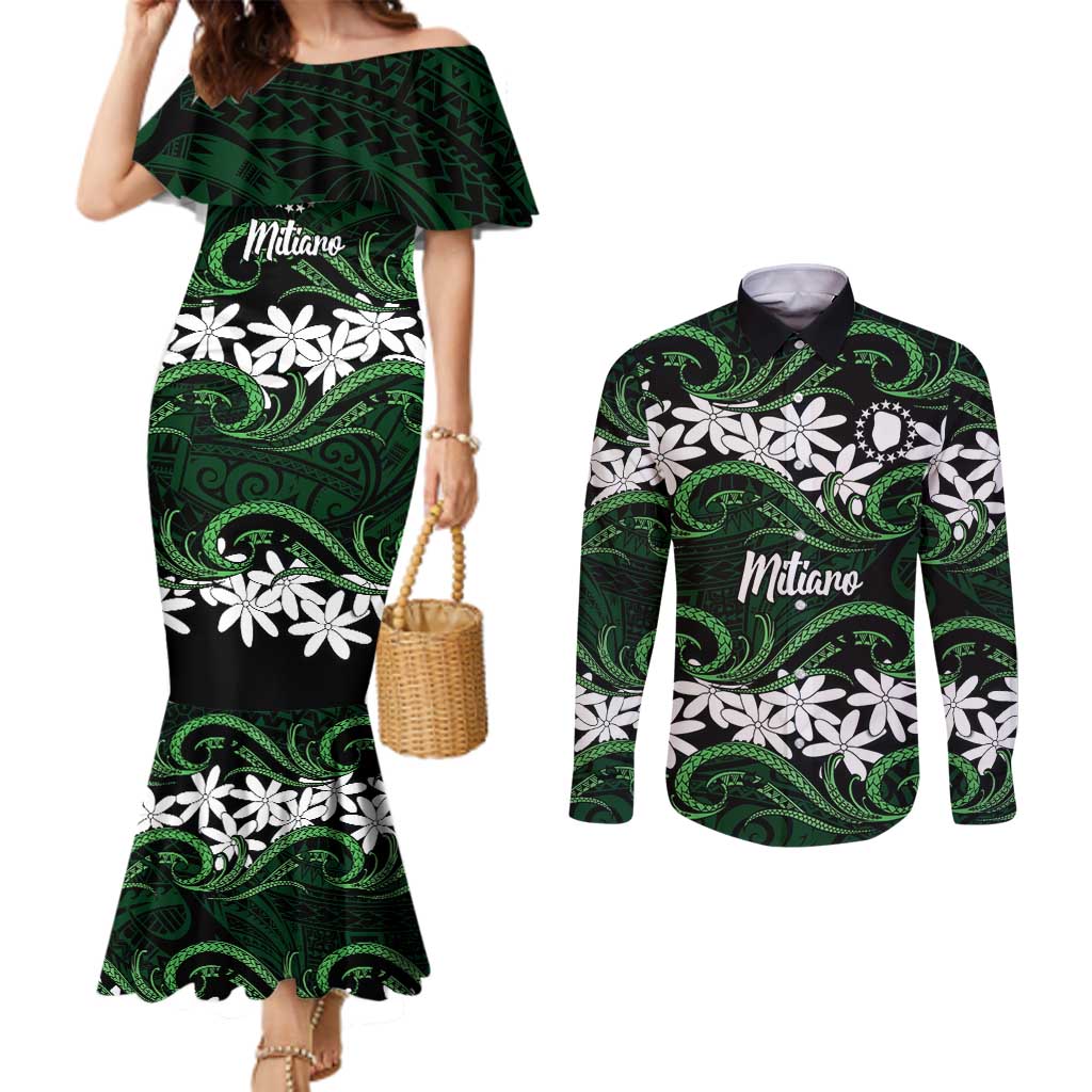 Personalised Cook Islands Mitiaro Couples Matching Mermaid Dress and Long Sleeve Button Shirt Tiare Maori Polynesian Waves Tattoo