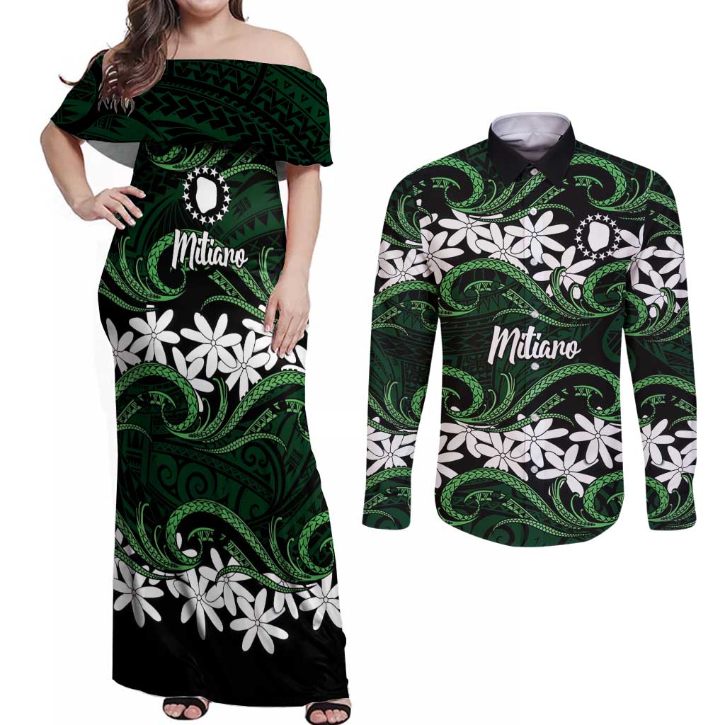 Personalised Cook Islands Mitiaro Couples Matching Off Shoulder Maxi Dress and Long Sleeve Button Shirt Tiare Maori Polynesian Waves Tattoo