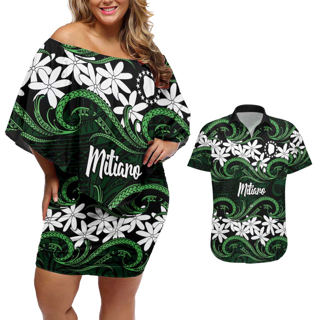 Personalised Cook Islands Mitiaro Couples Matching Off Shoulder Short Dress and Hawaiian Shirt Tiare Maori Polynesian Waves Tattoo