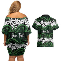 Personalised Cook Islands Mitiaro Couples Matching Off Shoulder Short Dress and Hawaiian Shirt Tiare Maori Polynesian Waves Tattoo