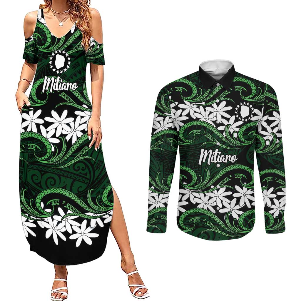 Personalised Cook Islands Mitiaro Couples Matching Summer Maxi Dress and Long Sleeve Button Shirt Tiare Maori Polynesian Waves Tattoo