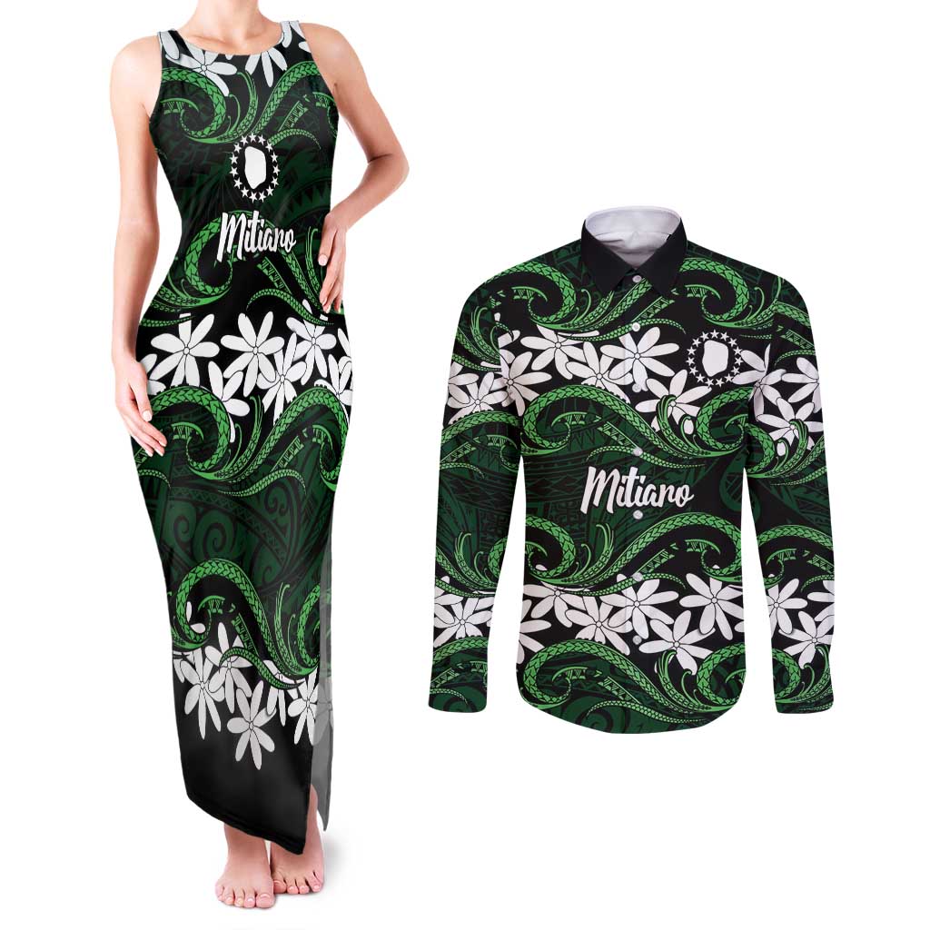 Personalised Cook Islands Mitiaro Couples Matching Tank Maxi Dress and Long Sleeve Button Shirt Tiare Maori Polynesian Waves Tattoo