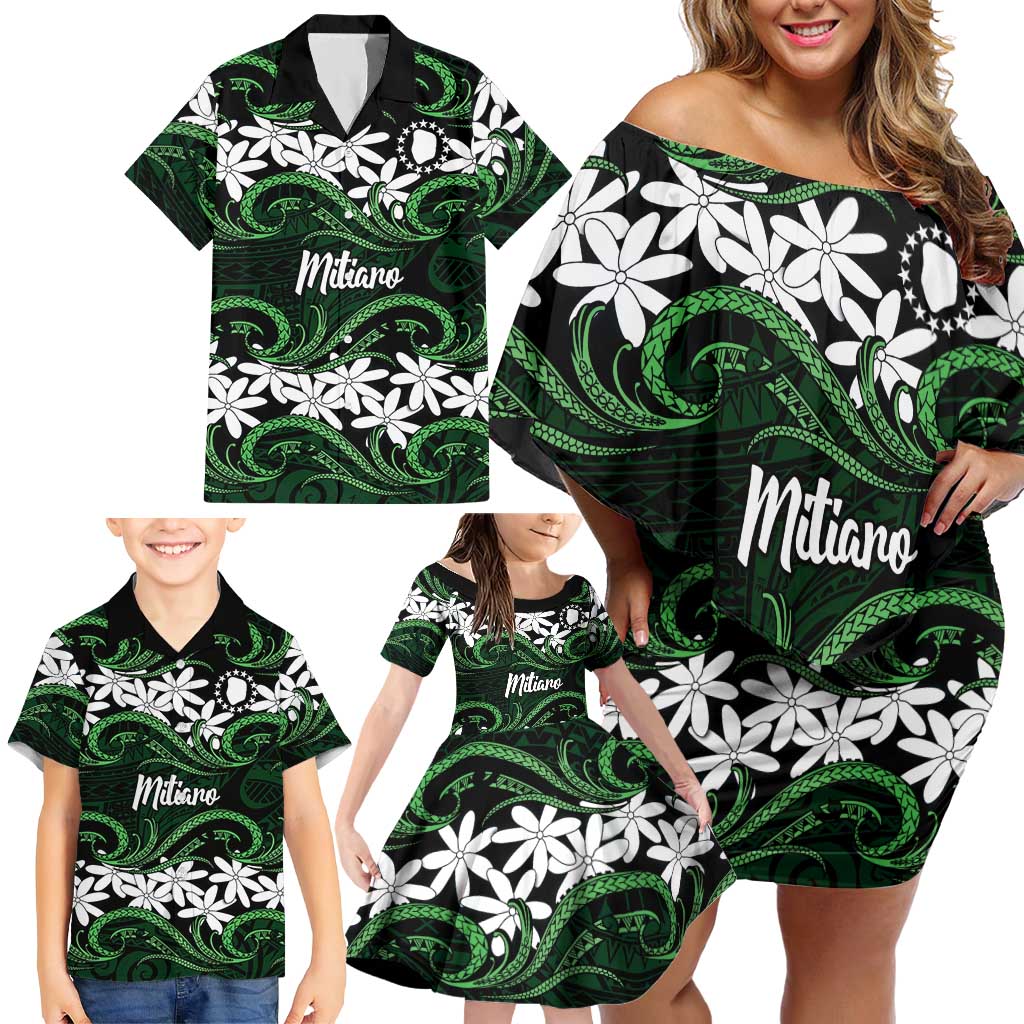 Personalised Cook Islands Mitiaro Family Matching Off Shoulder Short Dress and Hawaiian Shirt Tiare Maori Polynesian Waves Tattoo
