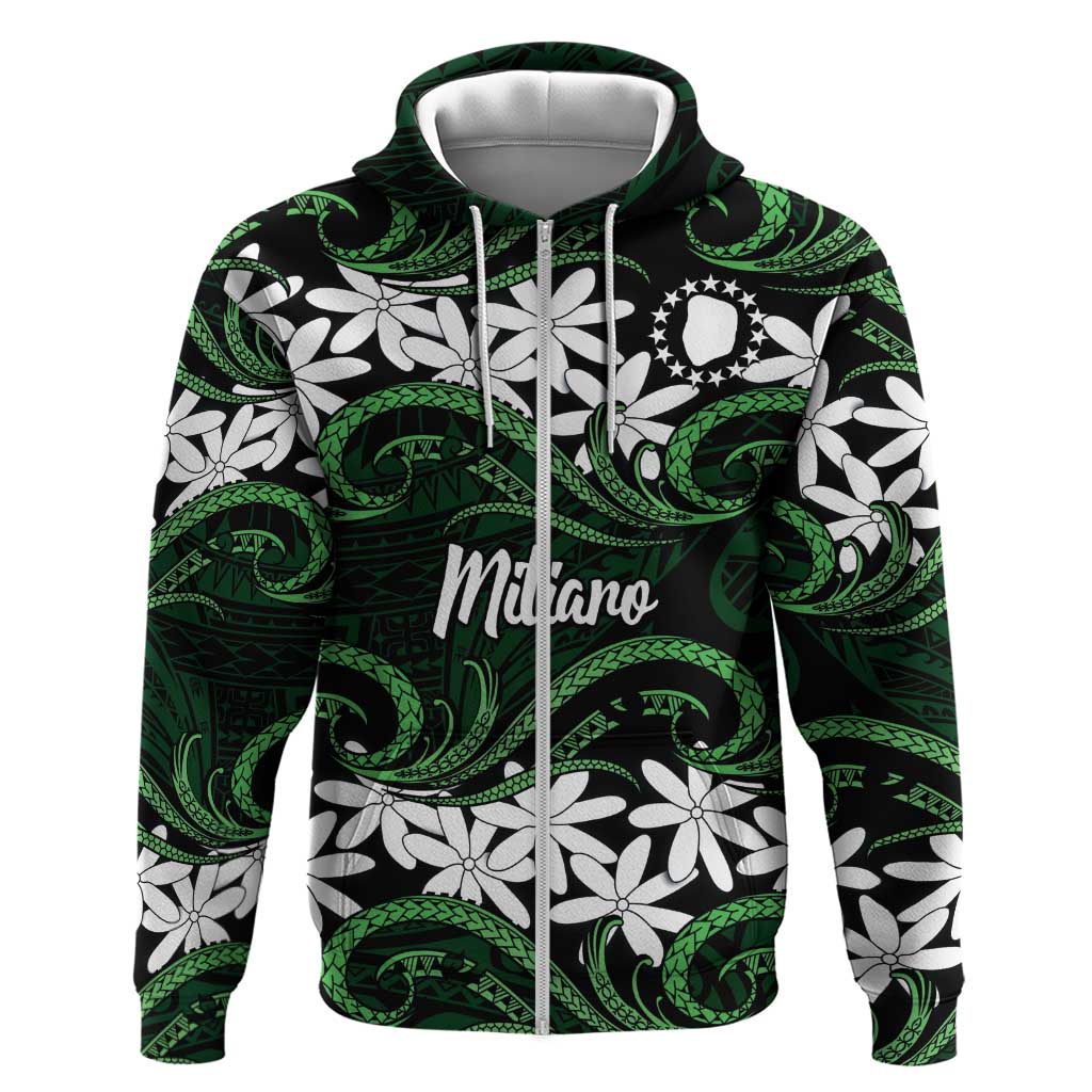 Personalised Cook Islands Mitiaro Hoodie Tiare Maori Polynesian Waves Tattoo LT14 Zip Hoodie Green - Polynesian Pride
