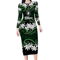 Personalised Cook Islands Mitiaro Long Sleeve Bodycon Dress Tiare Maori Polynesian Waves Tattoo
