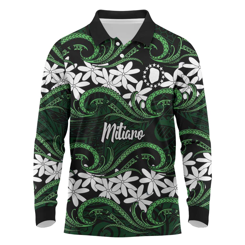 Personalised Cook Islands Mitiaro Long Sleeve Polo Shirt Tiare Maori Polynesian Waves Tattoo LT14 Green - Polynesian Pride