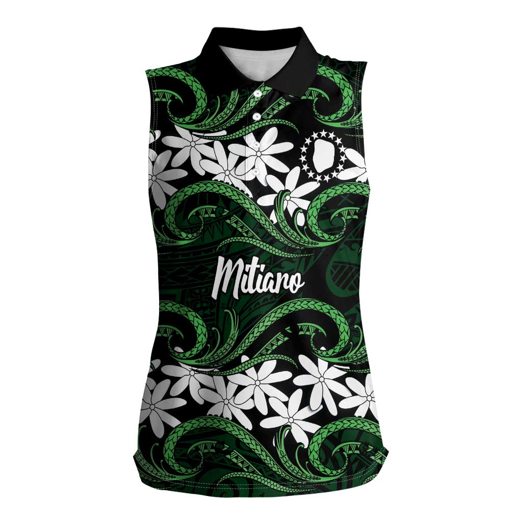 Personalised Cook Islands Mitiaro Women Sleeveless Polo Shirt Tiare Maori Polynesian Waves Tattoo