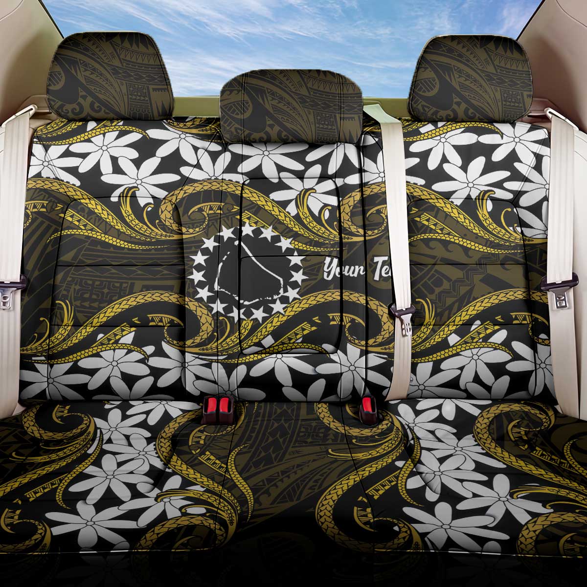 Personalised Cook Islands Manihiki Back Car Seat Cover Tiare Maori Polynesian Waves Tattoo
