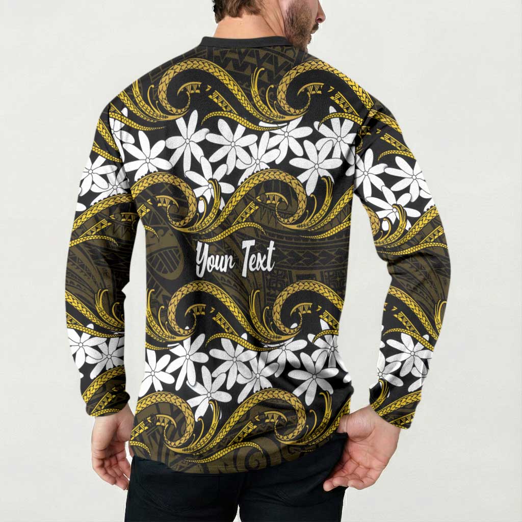 Personalised Cook Islands Manihiki Button Sweatshirt Tiare Maori Polynesian Waves Tattoo
