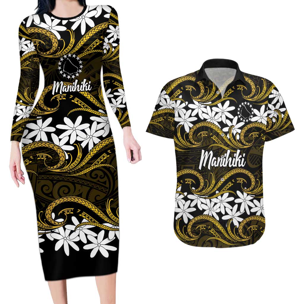 Personalised Cook Islands Manihiki Couples Matching Long Sleeve Bodycon Dress and Hawaiian Shirt Tiare Maori Polynesian Waves Tattoo