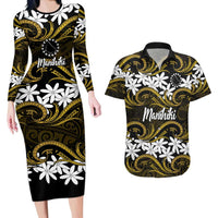 Personalised Cook Islands Manihiki Couples Matching Long Sleeve Bodycon Dress and Hawaiian Shirt Tiare Maori Polynesian Waves Tattoo