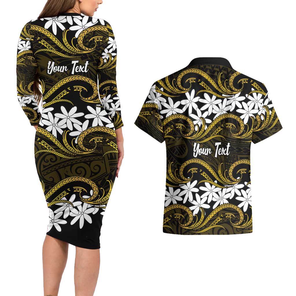 Personalised Cook Islands Manihiki Couples Matching Long Sleeve Bodycon Dress and Hawaiian Shirt Tiare Maori Polynesian Waves Tattoo