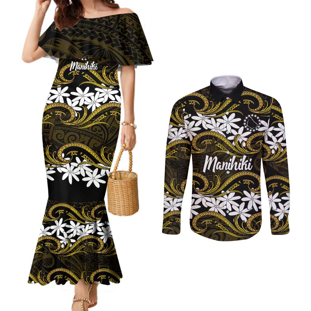 Personalised Cook Islands Manihiki Couples Matching Mermaid Dress and Long Sleeve Button Shirt Tiare Maori Polynesian Waves Tattoo