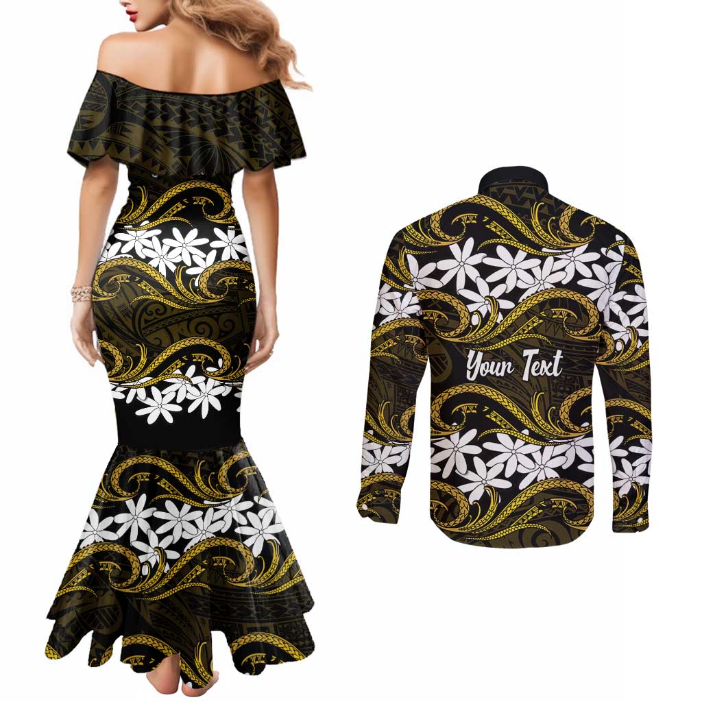 Personalised Cook Islands Manihiki Couples Matching Mermaid Dress and Long Sleeve Button Shirt Tiare Maori Polynesian Waves Tattoo
