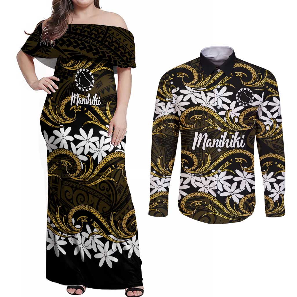 Personalised Cook Islands Manihiki Couples Matching Off Shoulder Maxi Dress and Long Sleeve Button Shirt Tiare Maori Polynesian Waves Tattoo
