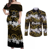 Personalised Cook Islands Manihiki Couples Matching Off Shoulder Maxi Dress and Long Sleeve Button Shirt Tiare Maori Polynesian Waves Tattoo