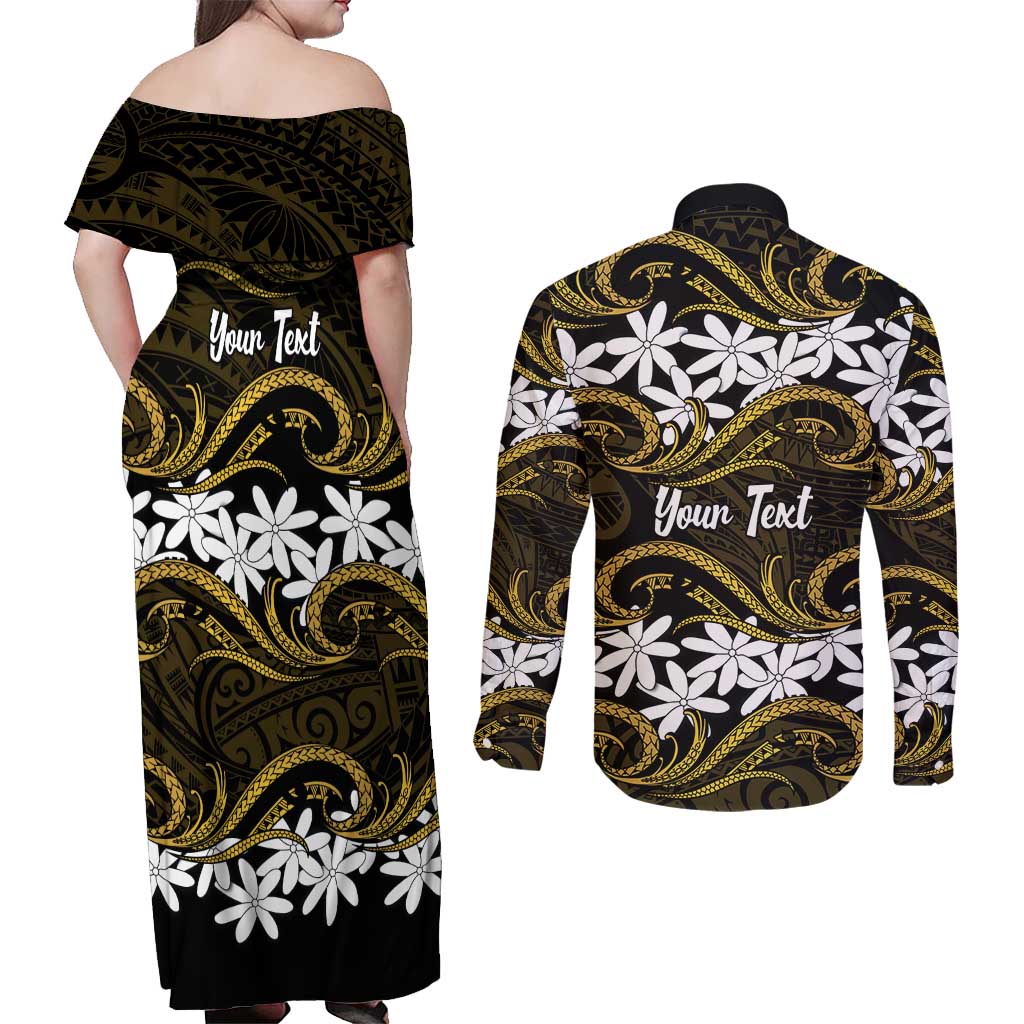 Personalised Cook Islands Manihiki Couples Matching Off Shoulder Maxi Dress and Long Sleeve Button Shirt Tiare Maori Polynesian Waves Tattoo