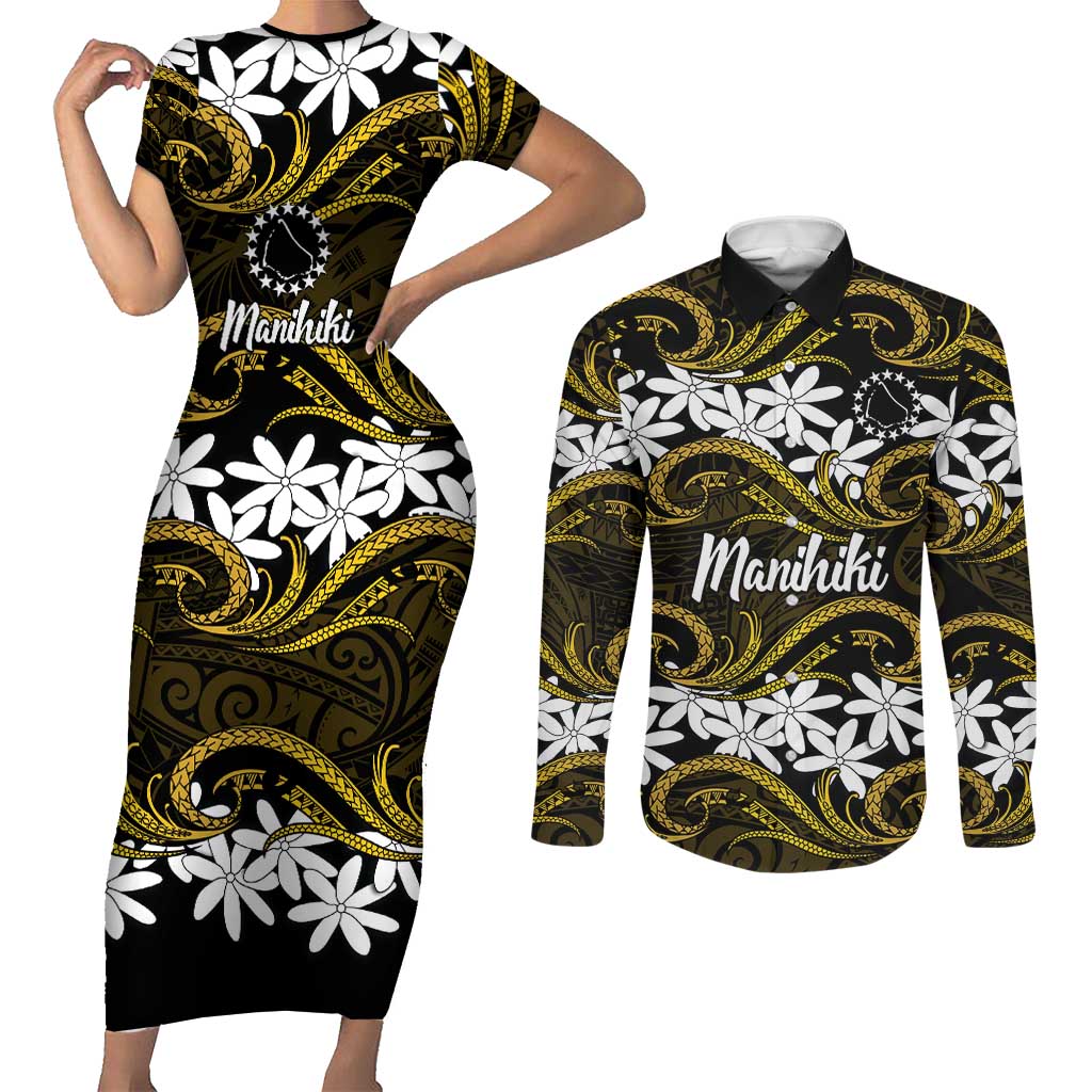 Personalised Cook Islands Manihiki Couples Matching Short Sleeve Bodycon Dress and Long Sleeve Button Shirt Tiare Maori Polynesian Waves Tattoo