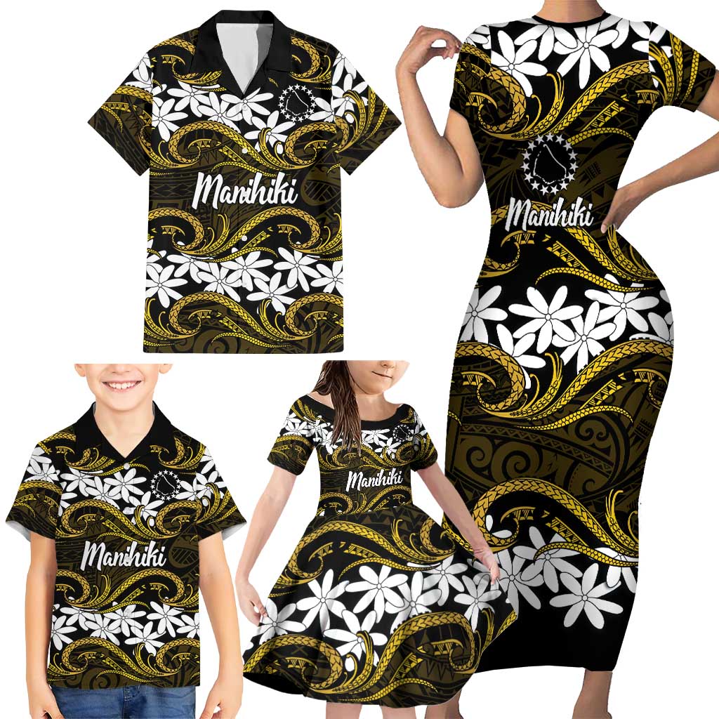 Personalised Cook Islands Manihiki Family Matching Short Sleeve Bodycon Dress and Hawaiian Shirt Tiare Maori Polynesian Waves Tattoo