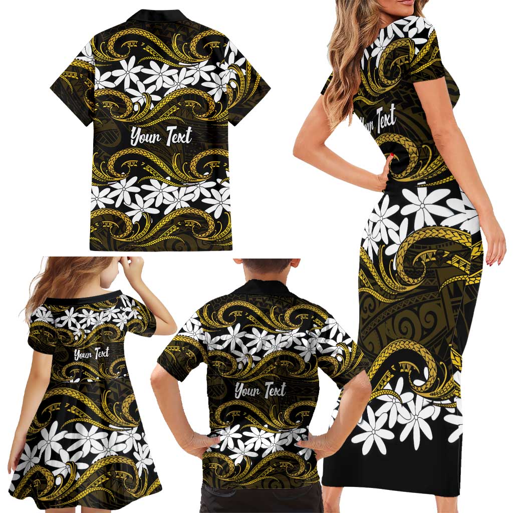 Personalised Cook Islands Manihiki Family Matching Short Sleeve Bodycon Dress and Hawaiian Shirt Tiare Maori Polynesian Waves Tattoo