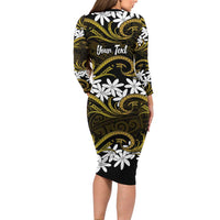 Personalised Cook Islands Manihiki Long Sleeve Bodycon Dress Tiare Maori Polynesian Waves Tattoo