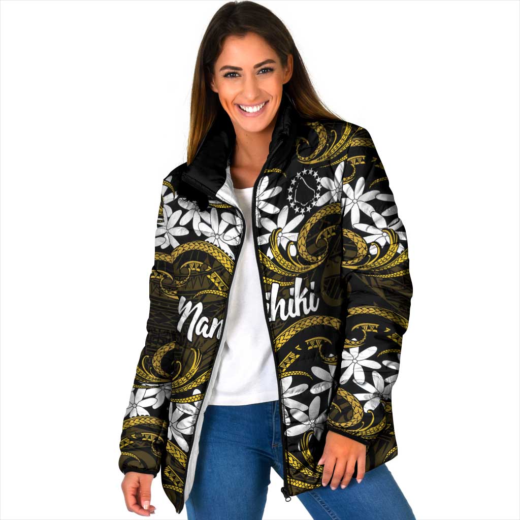 Personalised Cook Islands Manihiki Padded Jacket Tiare Maori Polynesian Waves Tattoo LT14 Women Gold - Polynesian Pride