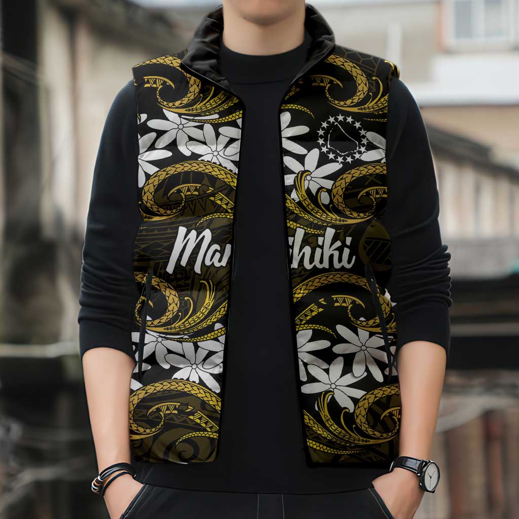 Personalised Cook Islands Manihiki Sleeveless Puffer Jacket Tiare Maori Polynesian Waves Tattoo