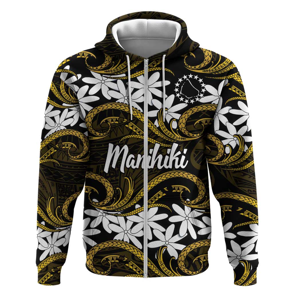 Personalised Cook Islands Manihiki Zip Hoodie Tiare Maori Polynesian Waves Tattoo