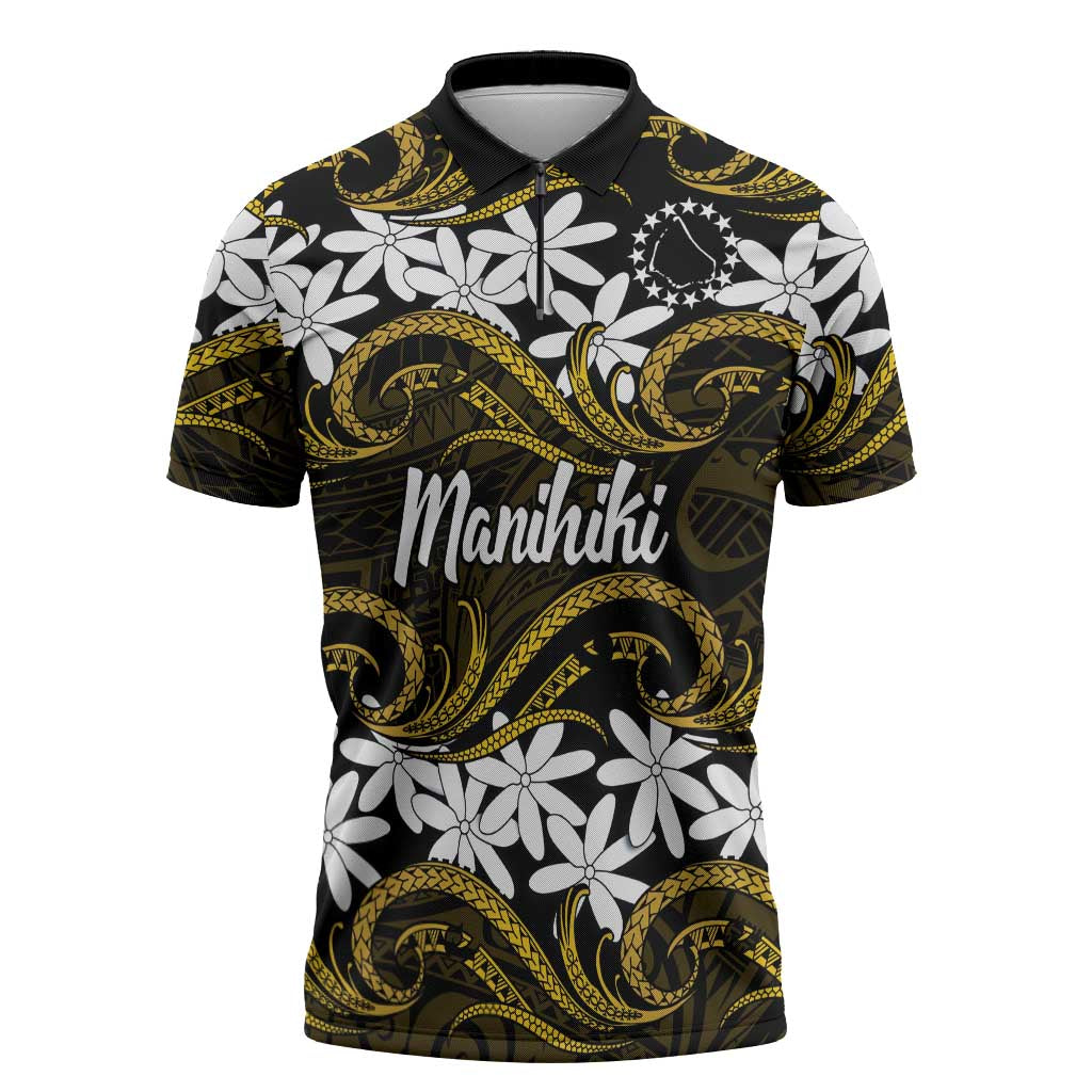 Personalised Cook Islands Manihiki Zipper Polo Shirt Tiare Maori Polynesian Waves Tattoo
