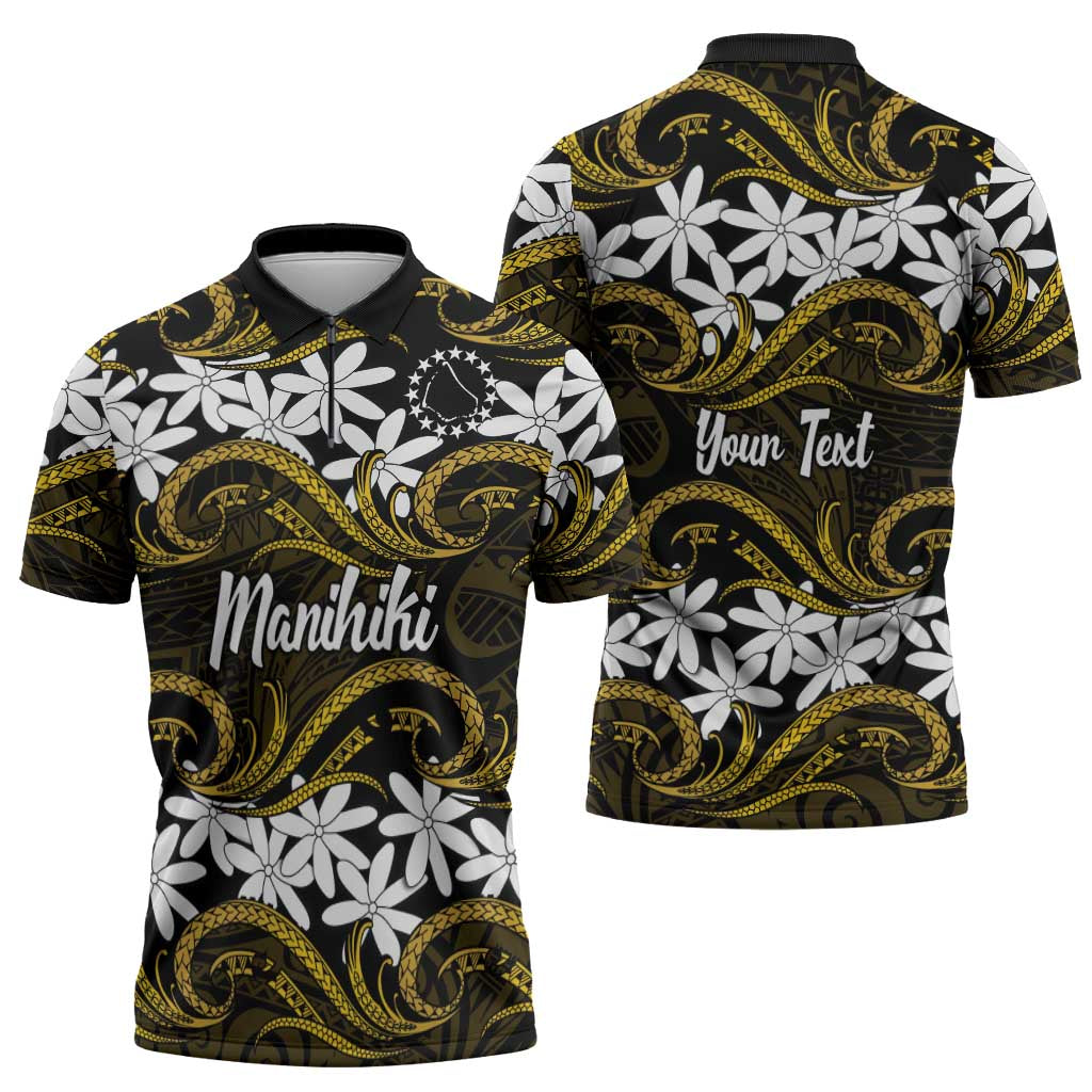 Personalised Cook Islands Manihiki Zipper Polo Shirt Tiare Maori Polynesian Waves Tattoo