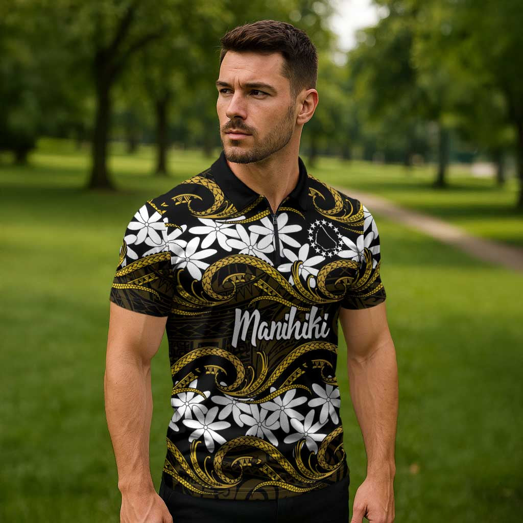 Personalised Cook Islands Manihiki Zipper Polo Shirt Tiare Maori Polynesian Waves Tattoo