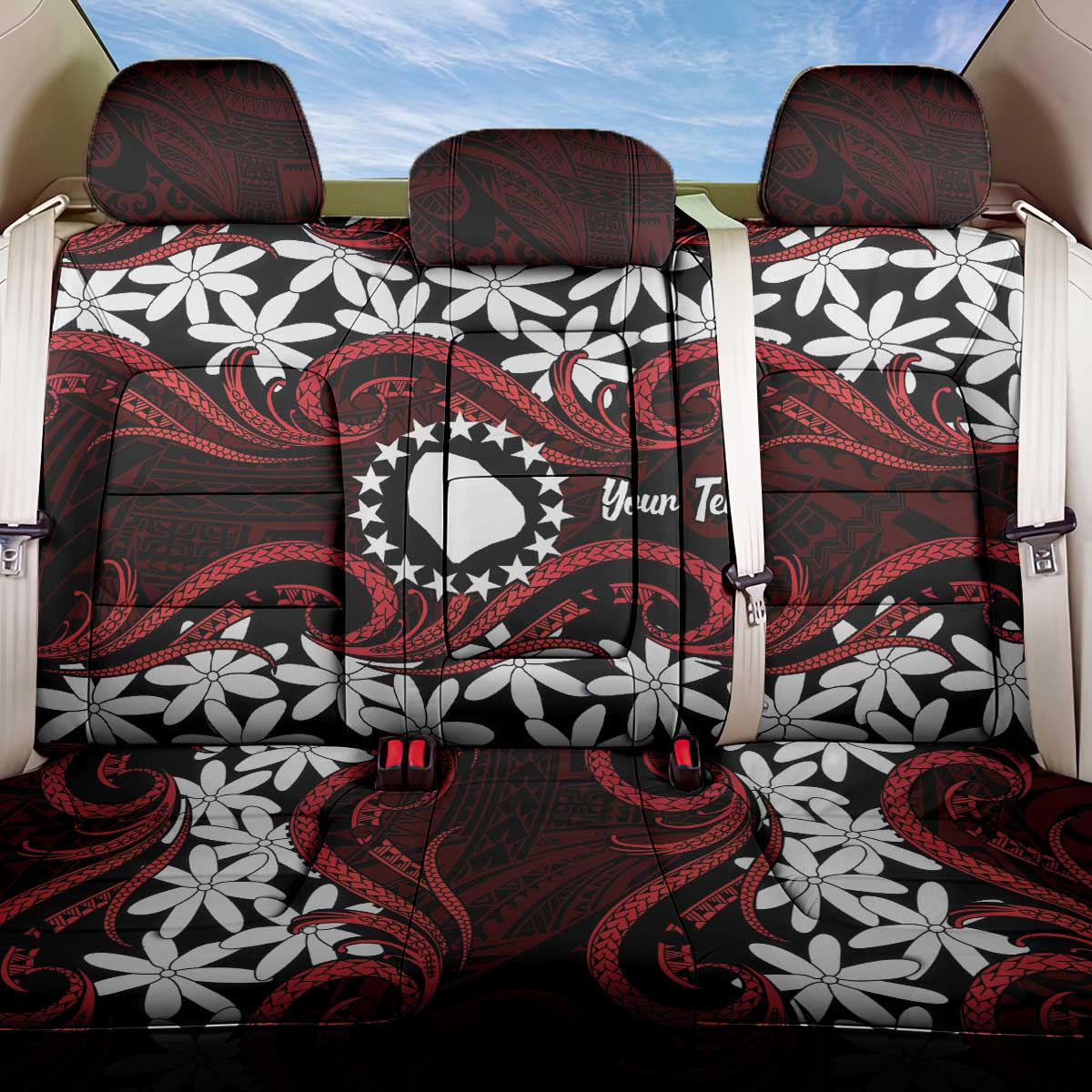 Personalised Cook Islands Atiu Enuamanu Back Car Seat Cover Tiare Maori Polynesian Waves Tattoo
