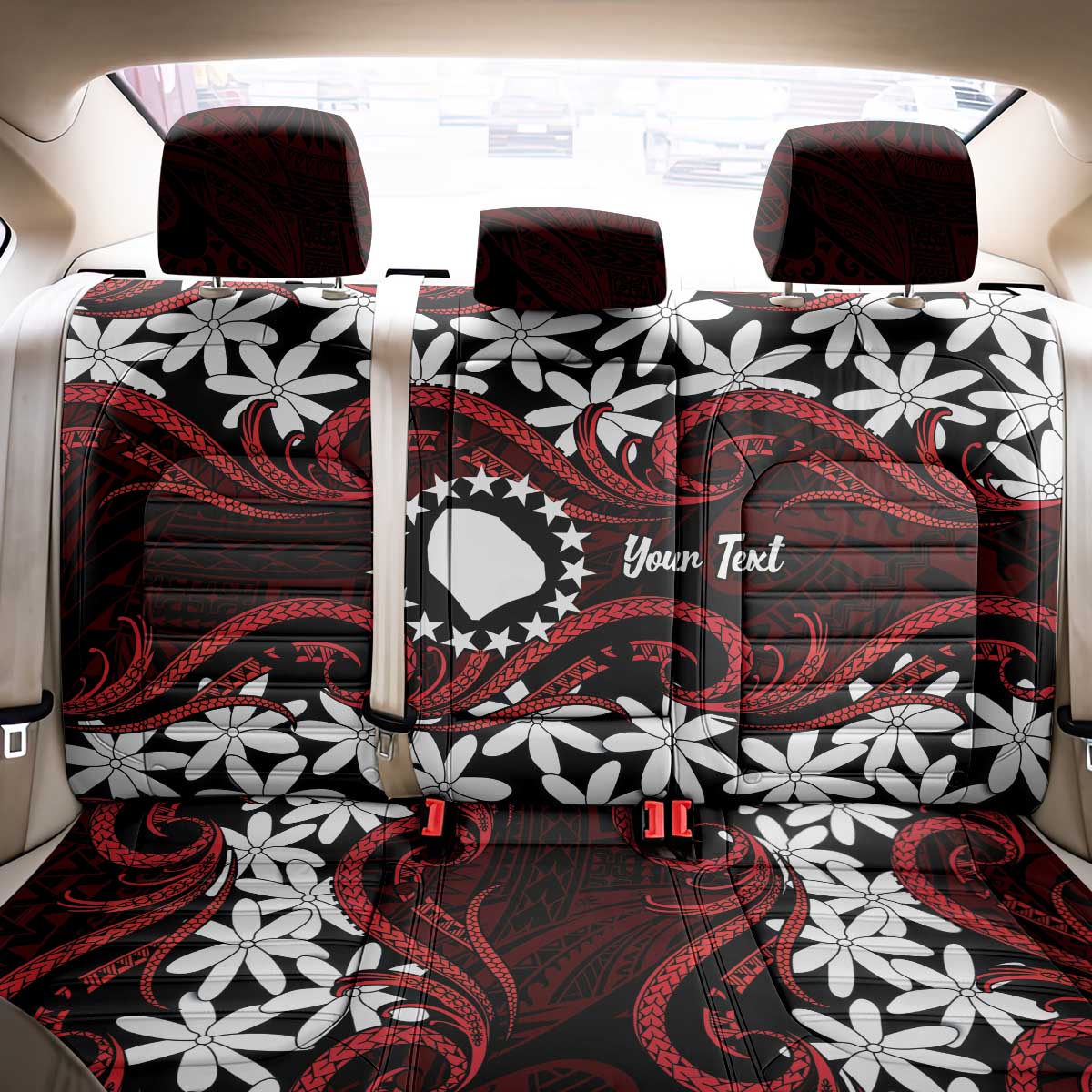 Personalised Cook Islands Atiu Enuamanu Back Car Seat Cover Tiare Maori Polynesian Waves Tattoo