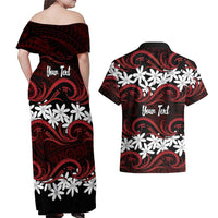 Personalised Cook Islands Atiu Enuamanu Couples Matching Off Shoulder Maxi Dress and Hawaiian Shirt Tiare Maori Polynesian Waves Tattoo