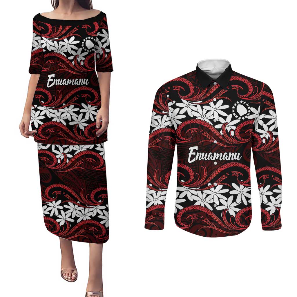 Personalised Cook Islands Atiu Enuamanu Couples Matching Puletasi and Long Sleeve Button Shirt Tiare Maori Polynesian Waves Tattoo