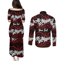 Personalised Cook Islands Atiu Enuamanu Couples Matching Puletasi and Long Sleeve Button Shirt Tiare Maori Polynesian Waves Tattoo