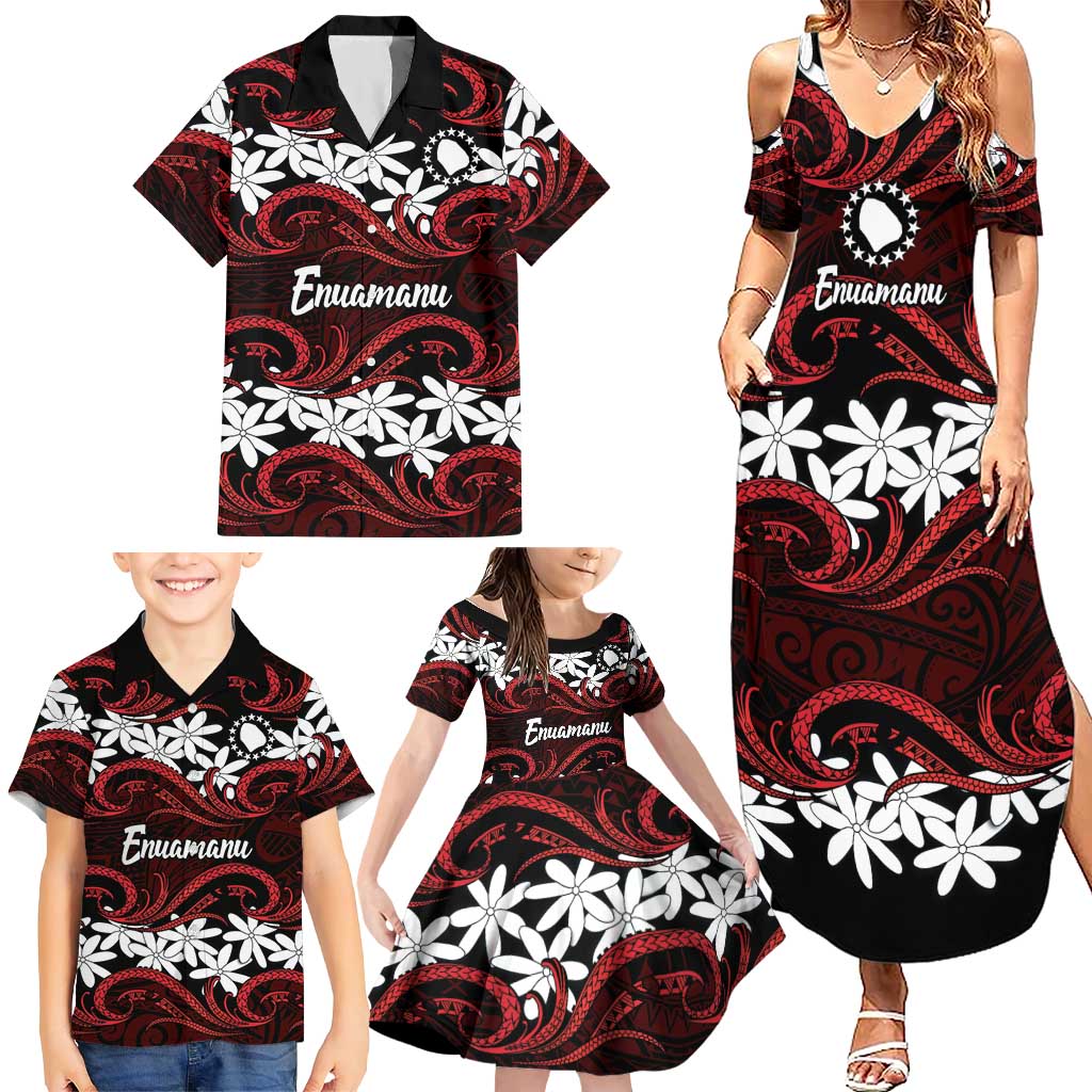 Personalised Cook Islands Atiu Enuamanu Family Matching Summer Maxi Dress and Hawaiian Shirt Tiare Maori Polynesian Waves Tattoo