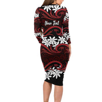 Personalised Cook Islands Atiu Enuamanu Long Sleeve Bodycon Dress Tiare Maori Polynesian Waves Tattoo