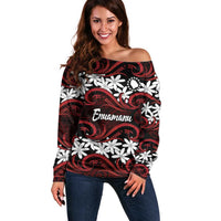 Personalised Cook Islands Atiu Enuamanu Off Shoulder Sweater Tiare Maori Polynesian Waves Tattoo LT14 Women Red - Polynesian Pride