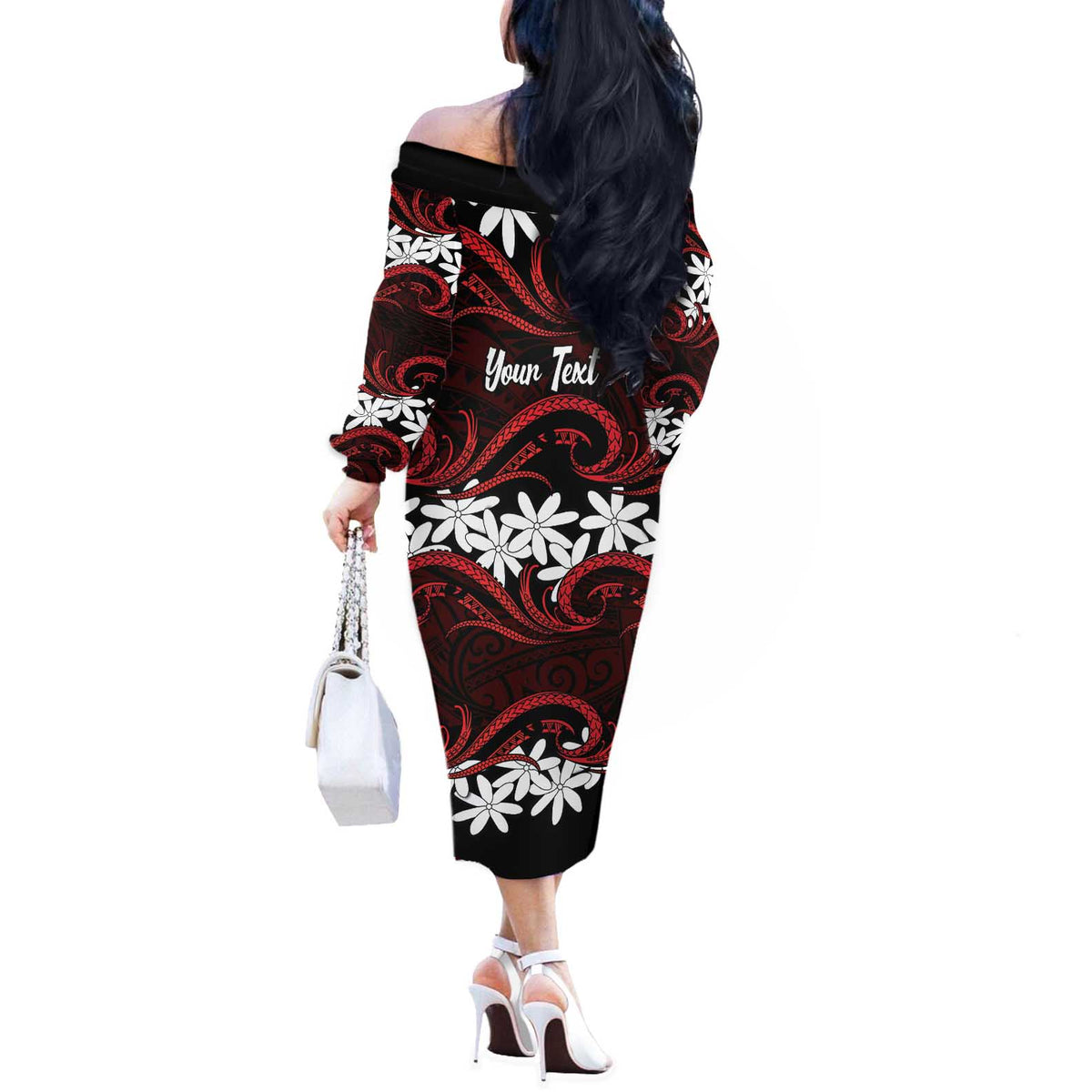 Personalised Cook Islands Atiu Enuamanu Off The Shoulder Long Sleeve Dress Tiare Maori Polynesian Waves Tattoo LT14 - Polynesian Pride