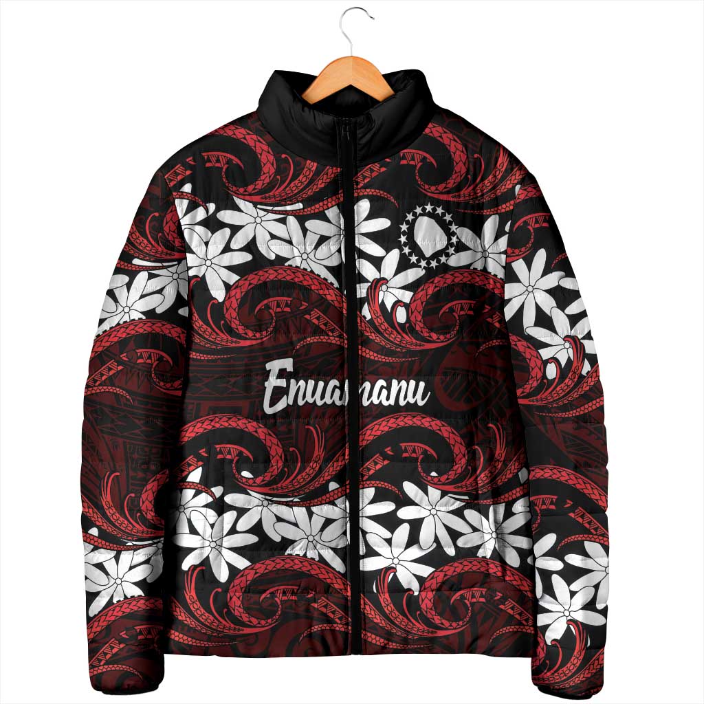 Personalised Cook Islands Atiu Enuamanu Padded Jacket Tiare Maori Polynesian Waves Tattoo