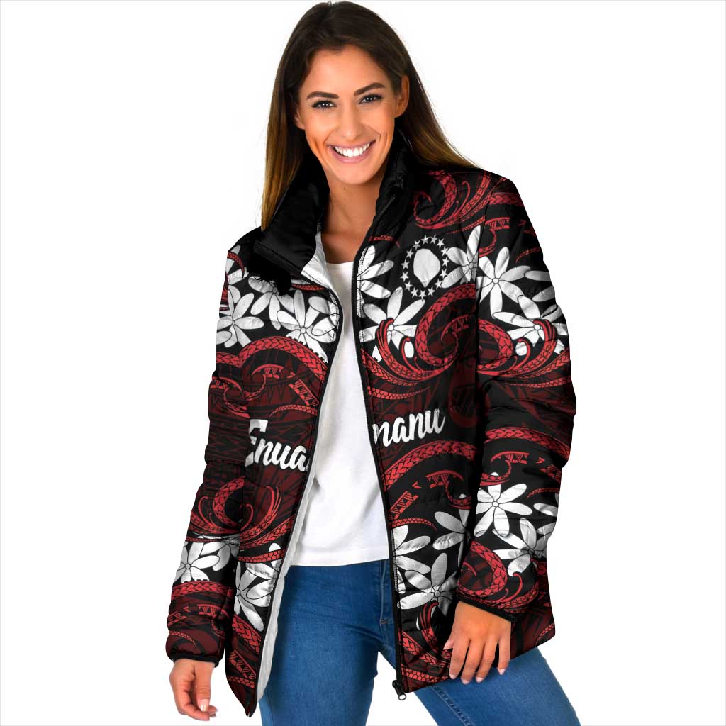Personalised Cook Islands Atiu Enuamanu Padded Jacket Tiare Maori Polynesian Waves Tattoo