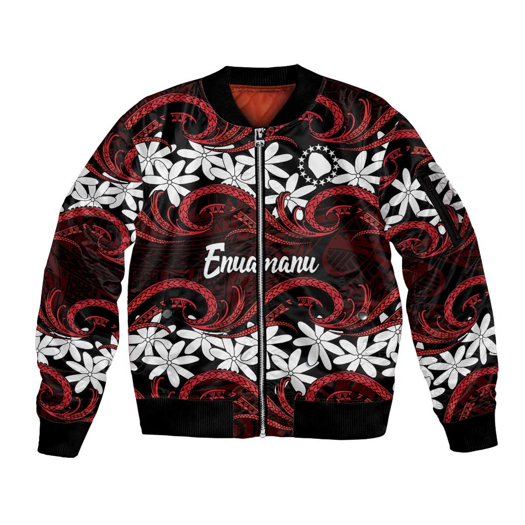 Personalised Cook Islands Atiu Enuamanu Sleeve Zip Bomber Jacket Tiare Maori Polynesian Waves Tattoo