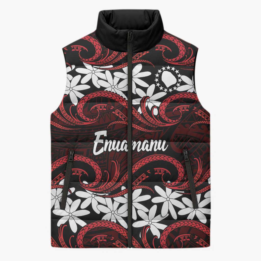 Personalised Cook Islands Atiu Enuamanu Sleeveless Puffer Jacket Tiare Maori Polynesian Waves Tattoo LT14 Unisex Red - Polynesian Pride