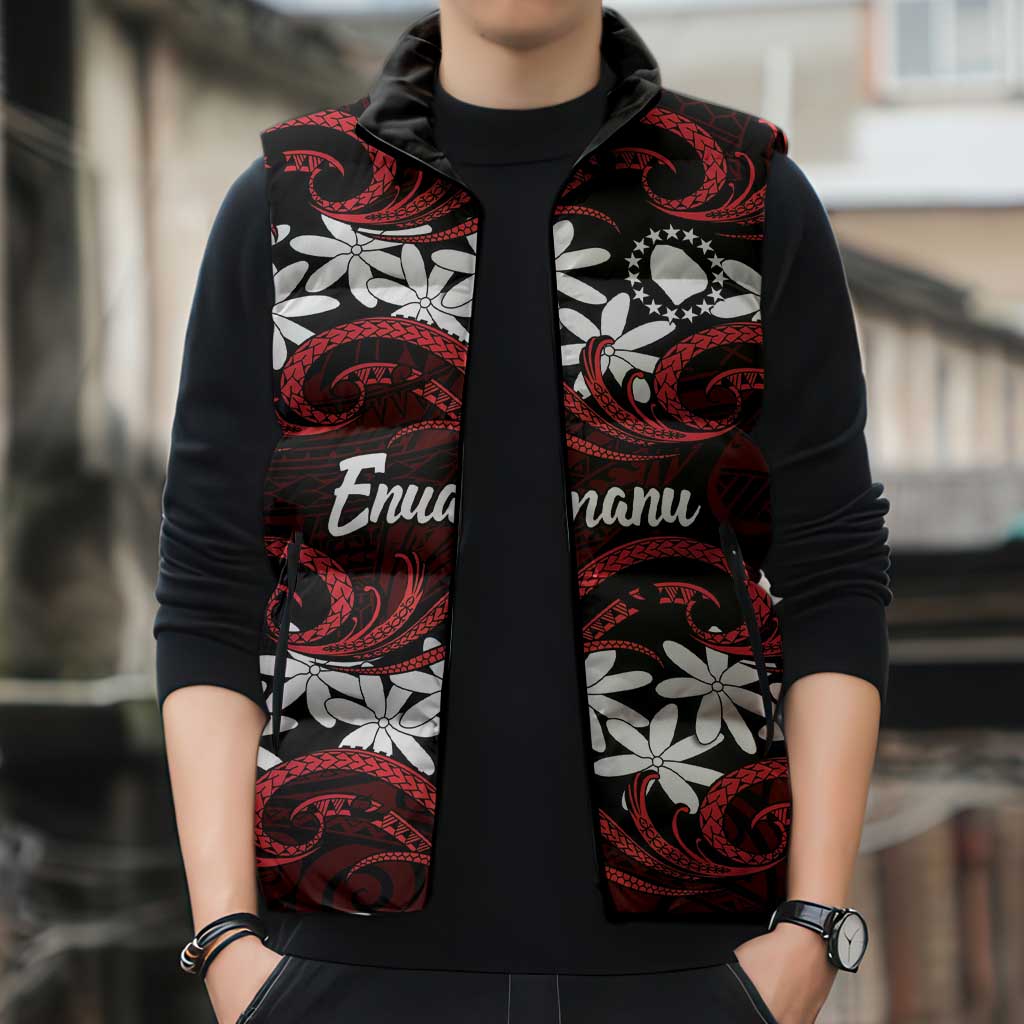Personalised Cook Islands Atiu Enuamanu Sleeveless Puffer Jacket Tiare Maori Polynesian Waves Tattoo LT14 - Polynesian Pride
