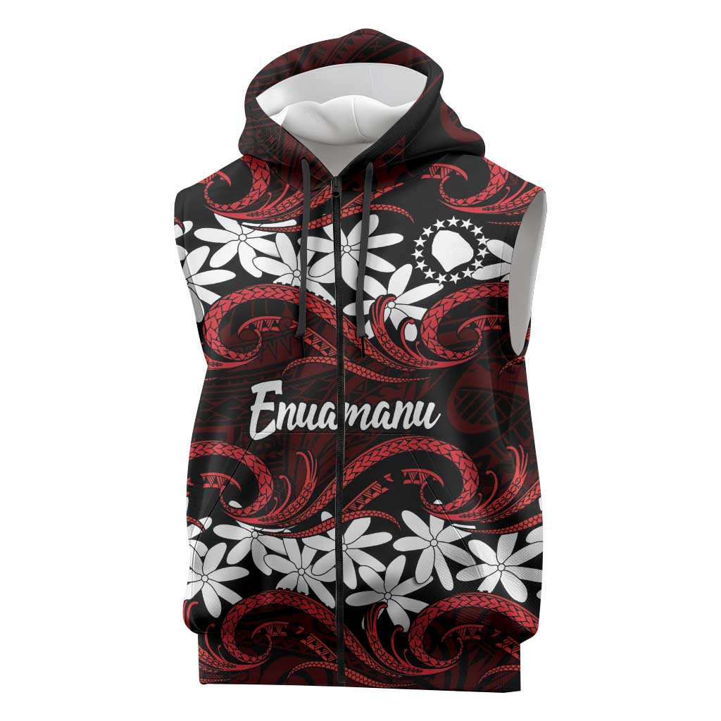 Personalised Cook Islands Atiu Enuamanu Sleeveless Zip Hoodie Tiare Maori Polynesian Waves Tattoo