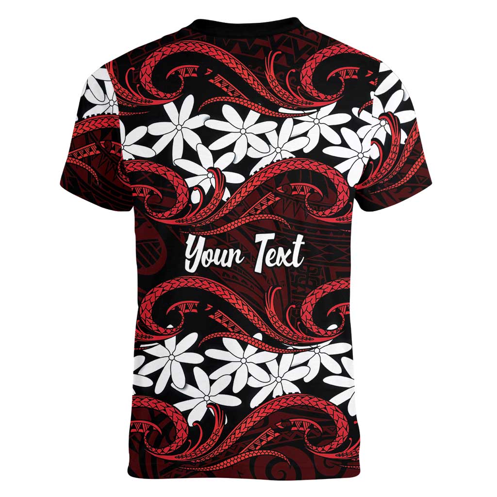 Personalised Cook Islands Atiu Enuamanu Women V-Neck T-Shirt Tiare Maori Polynesian Waves Tattoo