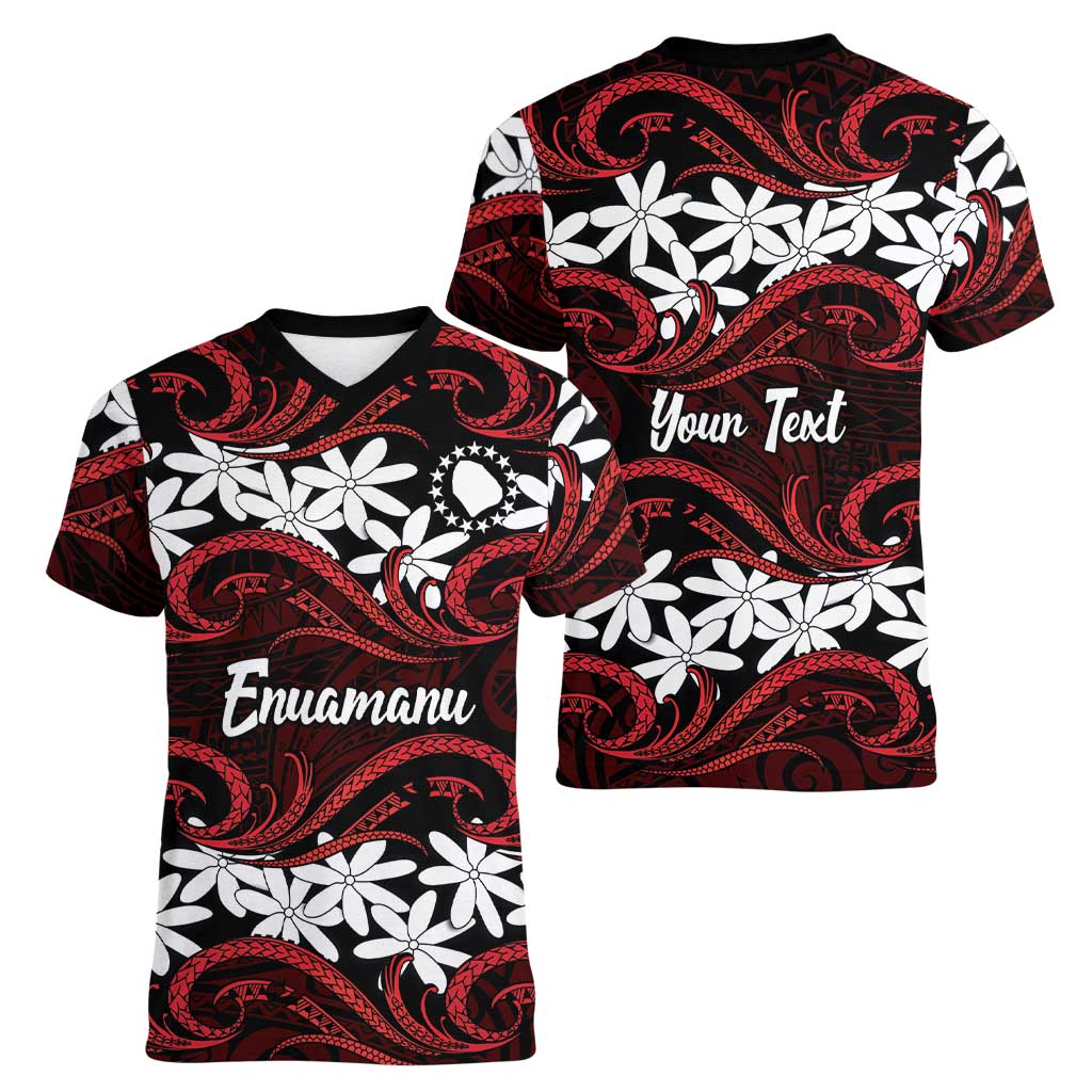 Personalised Cook Islands Atiu Enuamanu Women V-Neck T-Shirt Tiare Maori Polynesian Waves Tattoo