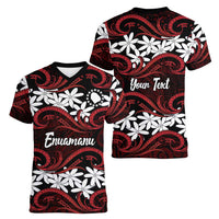 Personalised Cook Islands Atiu Enuamanu Women V-Neck T-Shirt Tiare Maori Polynesian Waves Tattoo