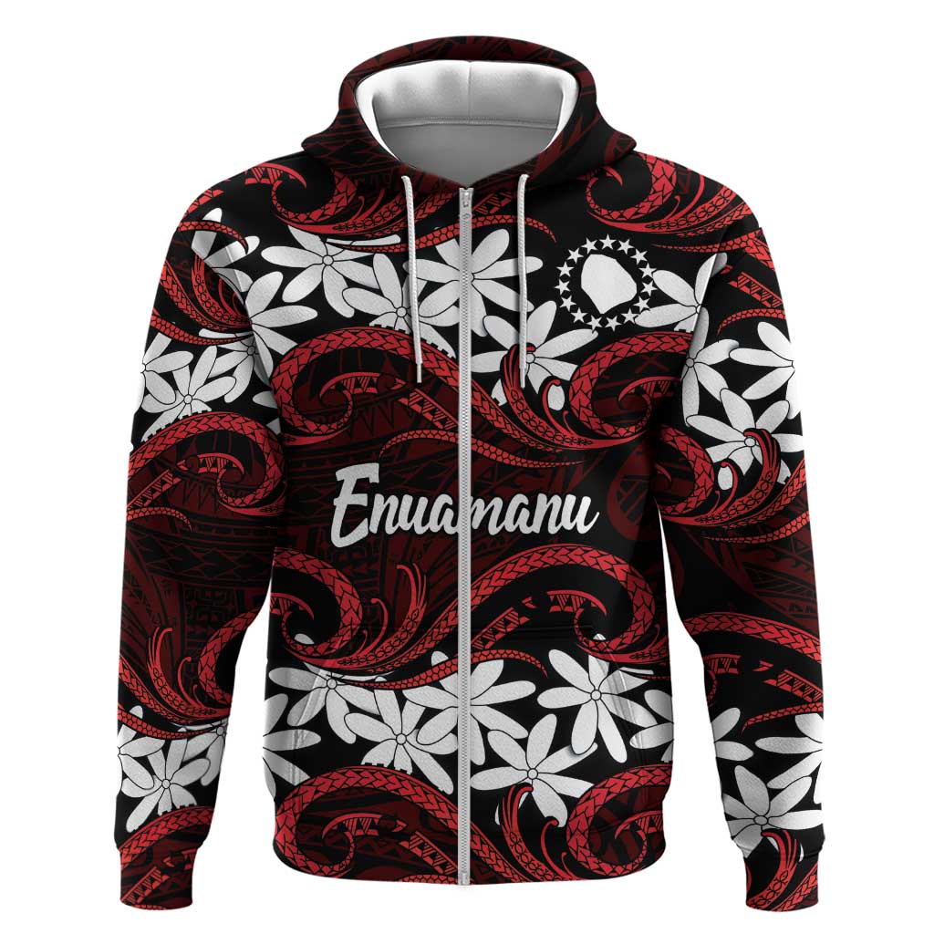 Personalised Cook Islands Atiu Enuamanu Zip Hoodie Tiare Maori Polynesian Waves Tattoo